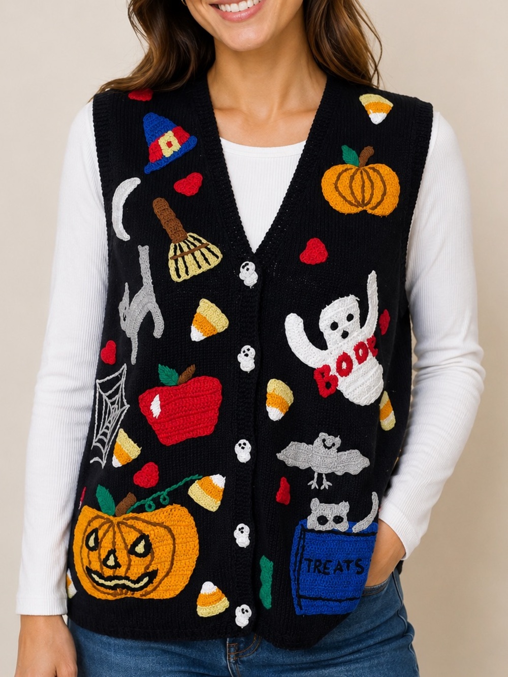 Eagle's Eye Women Size M 1995 Vintage Halloween Sweater Vest Ghost Pumpkin Bat